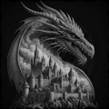 Dragon with a castle in its mouth on a black background