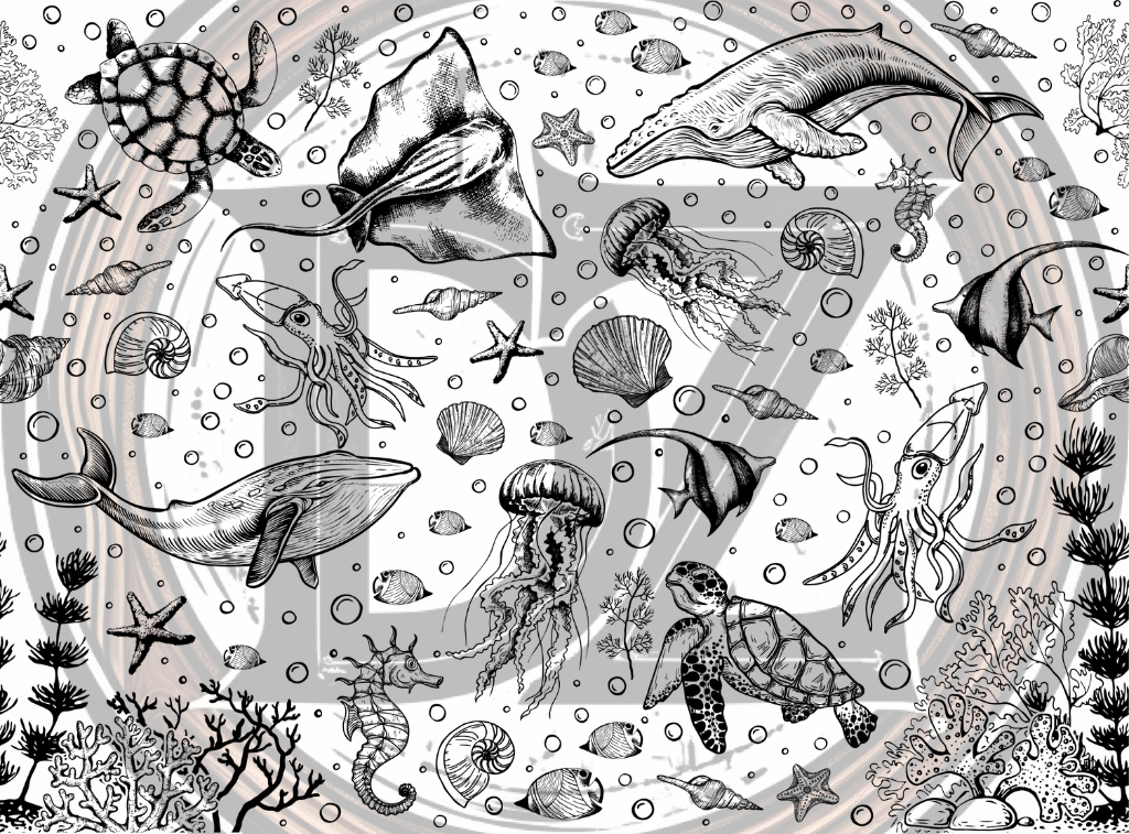 Illustration of various sea creatures and underwater elements.