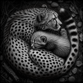 Black and white image of a mother leopard and her cub nestled together.