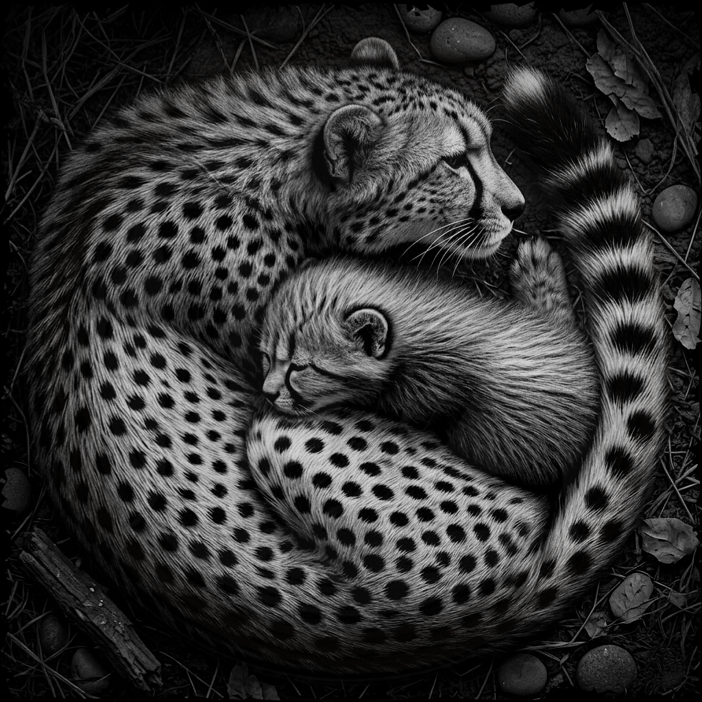Black and white image of a mother leopard and her cub nestled together.