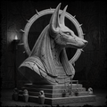 Stone sculpture of a dragon-like creature with a circular emblem on a dark background