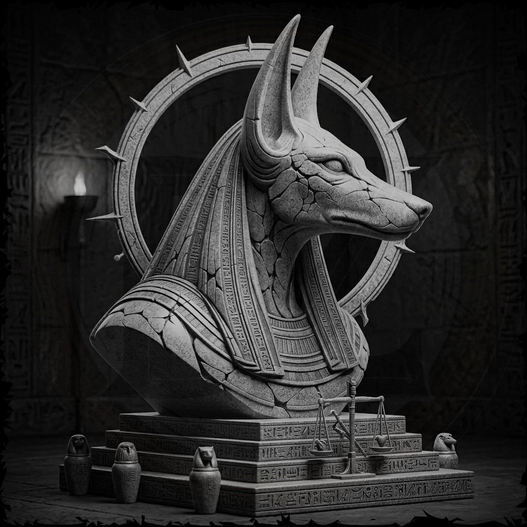 Stone sculpture of a dragon-like creature with a circular emblem on a dark background