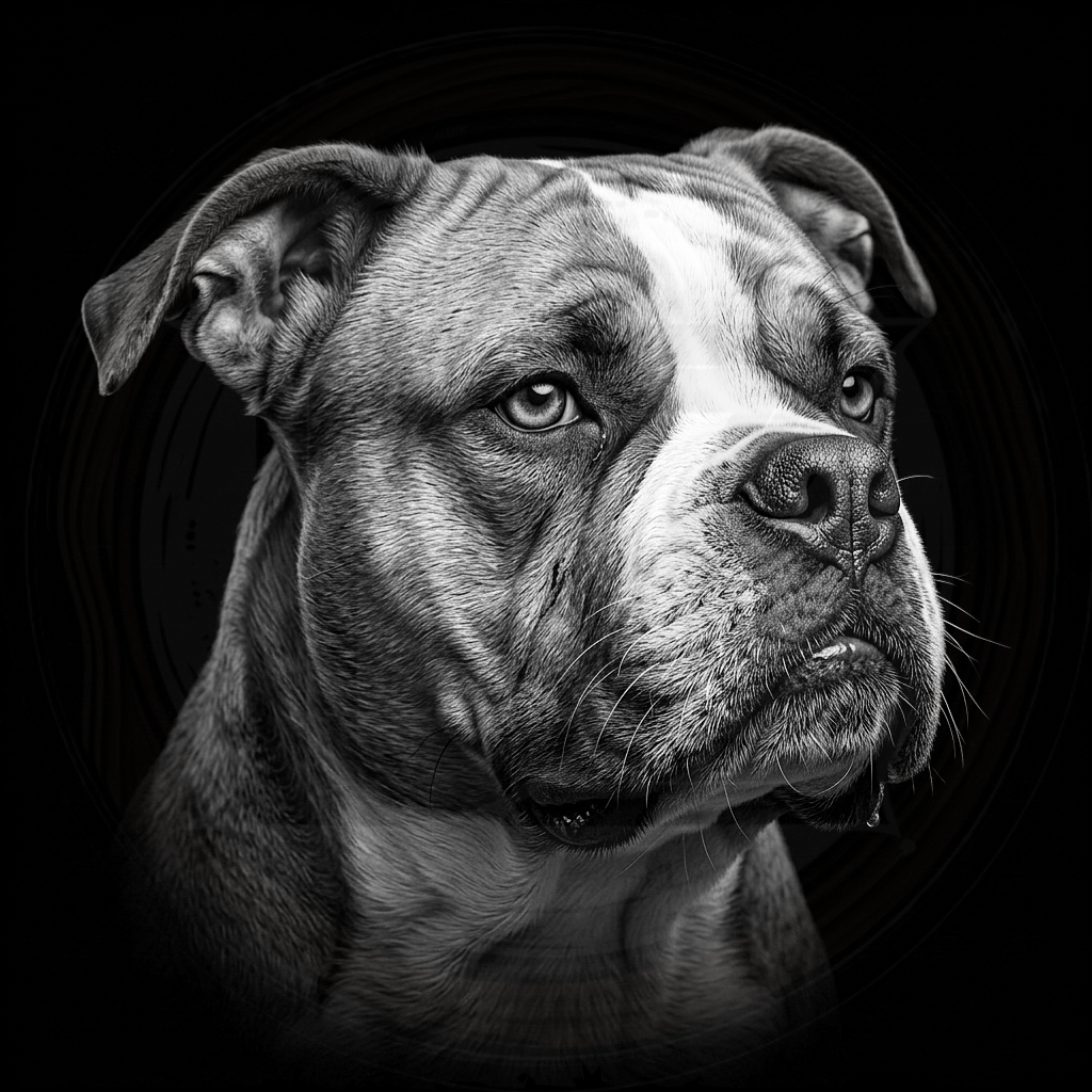 Black and white portrait of a dog with a dark background