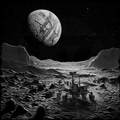 Moon rover on lunar surface with a large spherical object in the sky