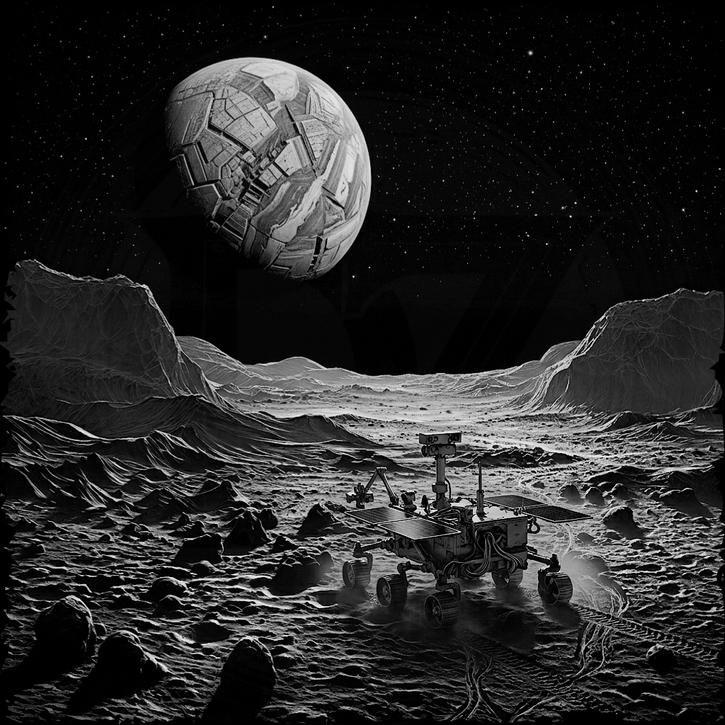 Moon rover on lunar surface with a large spherical object in the sky