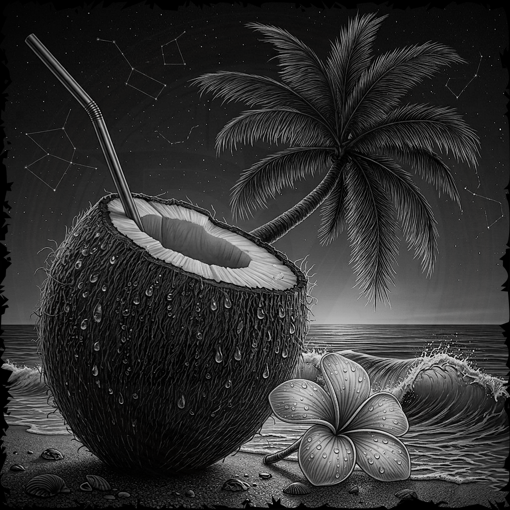 Black and white illustration of a coconut with a straw, palm tree, and flower on a beach.