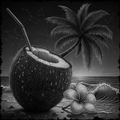 Black and white illustration of a coconut with a straw, palm tree, and flower on a beach.