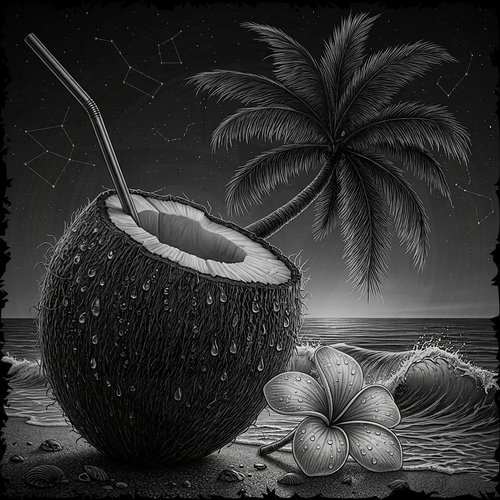 Black and white illustration of a coconut with a straw, palm tree, and flower on a beach.