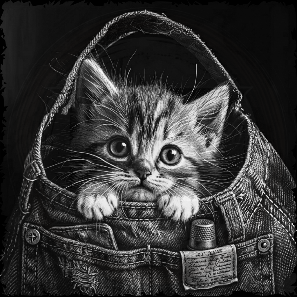 Detailed black and white illustration of a kitten peeking out from a pocket in denim fabric.