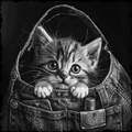 Detailed black and white illustration of a kitten peeking out from a pocket in denim fabric.