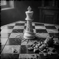 White chess king on a broken chessboard with scattered pieces.