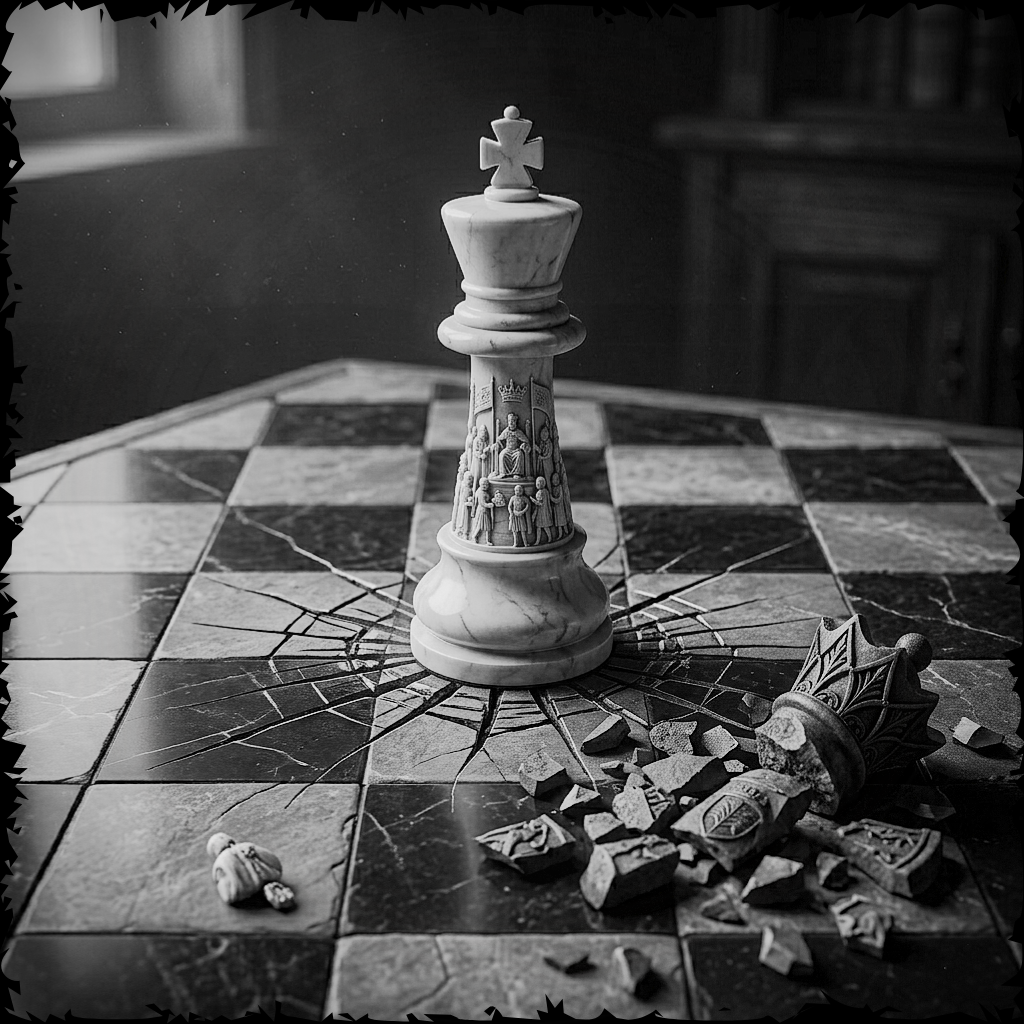 White chess king on a broken chessboard with scattered pieces.