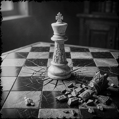 White chess king on a broken chessboard with scattered pieces.