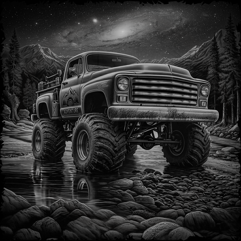 Illustration of a large truck on a rocky path with a mountain and galaxy background