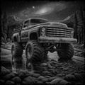 Illustration of a large truck on a rocky path with a mountain and galaxy background