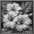 Black and white floral design with hibiscus flowers and leaves on a dark background.