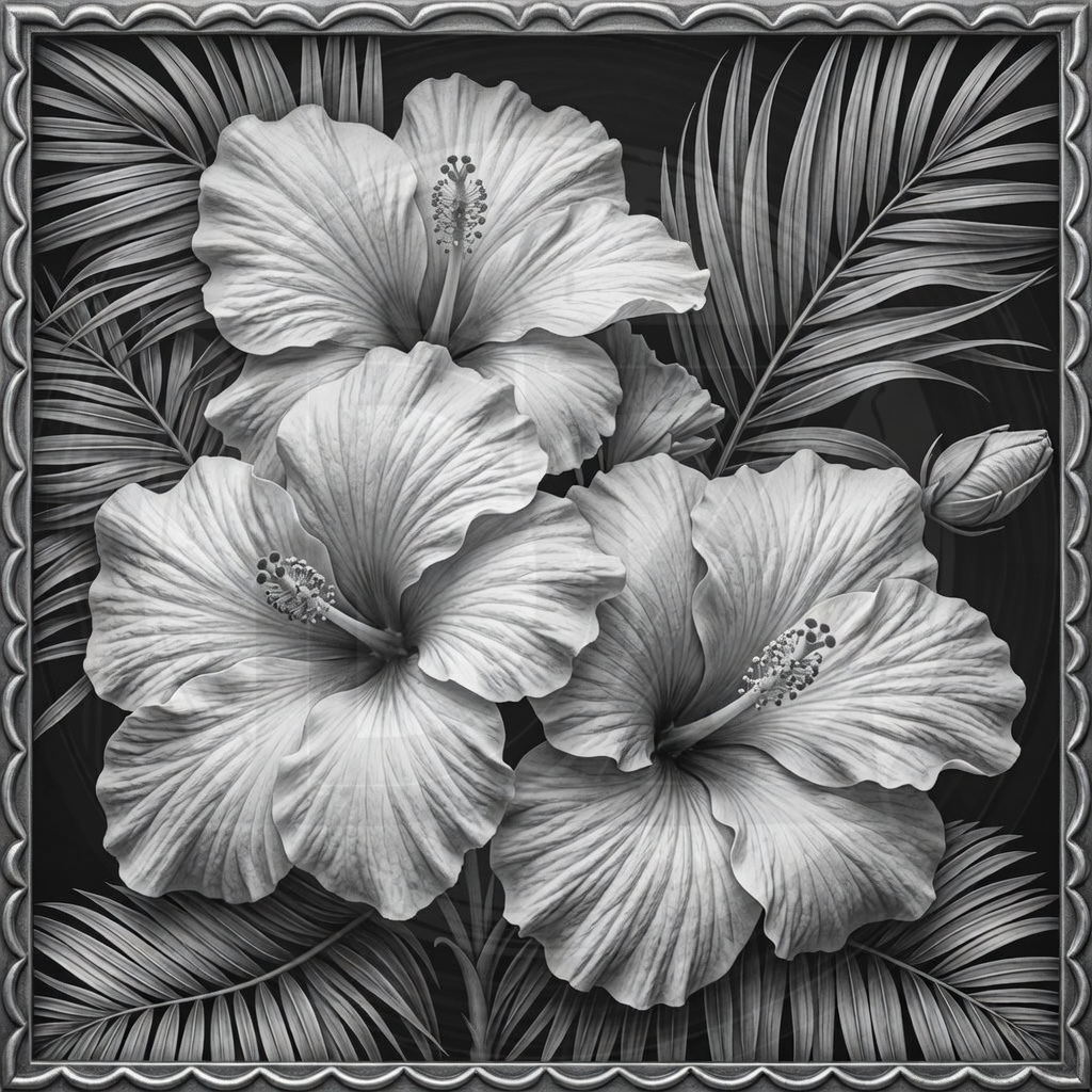 Black and white floral design with hibiscus flowers and leaves on a dark background.
