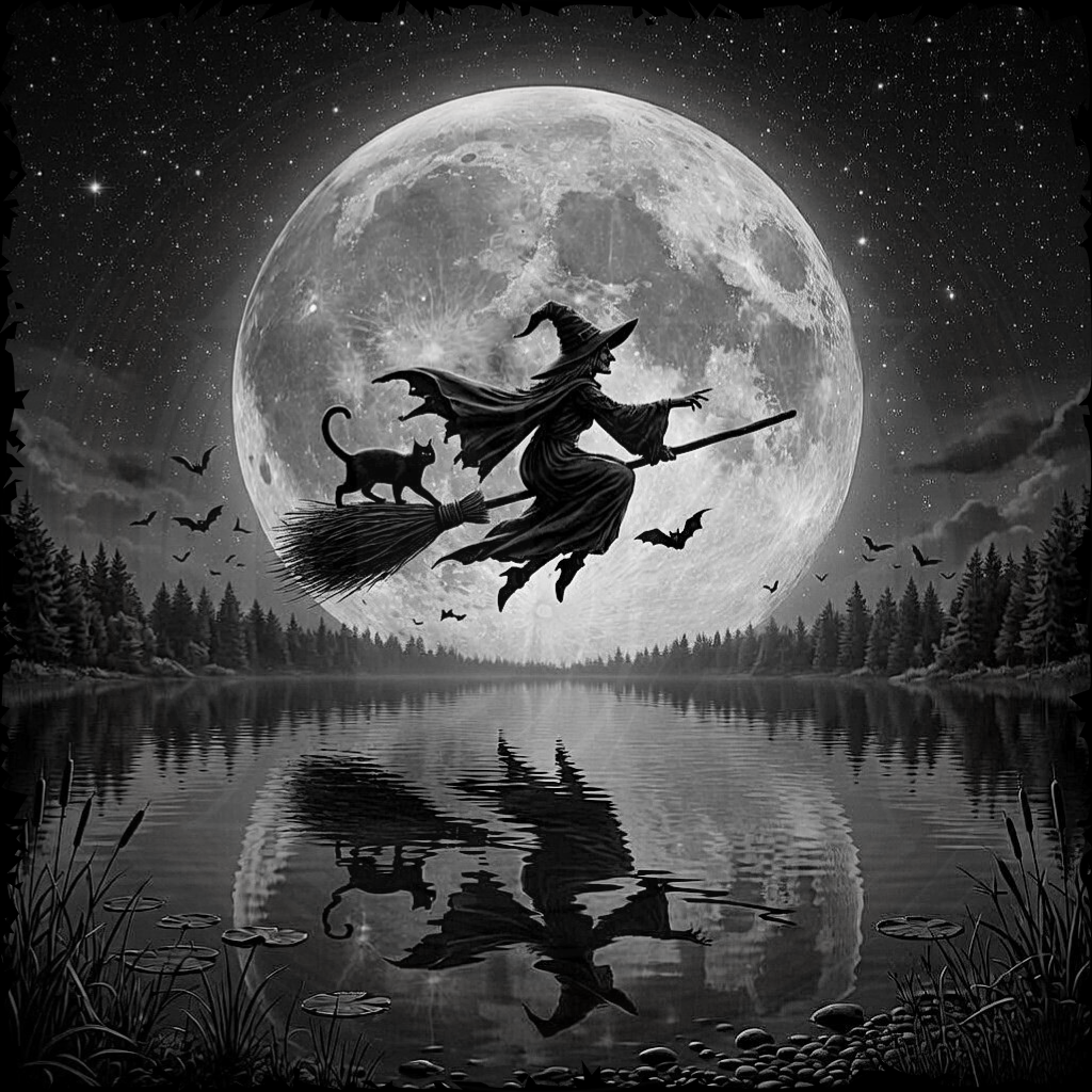 Silhouette of a witch flying on a broomstick over a lake with a full moon in the background.