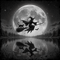 Silhouette of a witch flying on a broomstick over a lake with a full moon in the background.