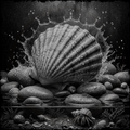 Black and white shell with water droplets surrounded by stones and small plants on a dark background