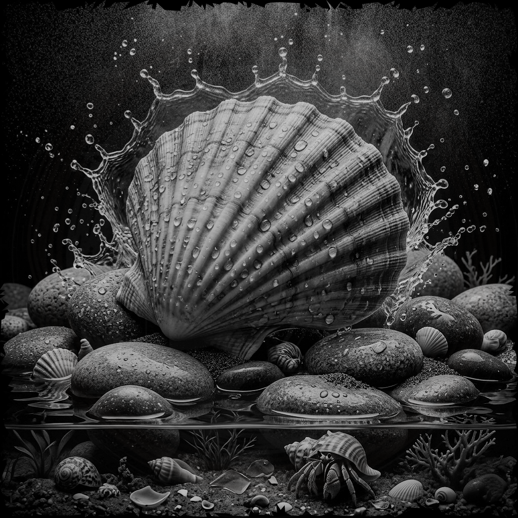 Black and white shell with water droplets surrounded by stones and small plants on a dark background
