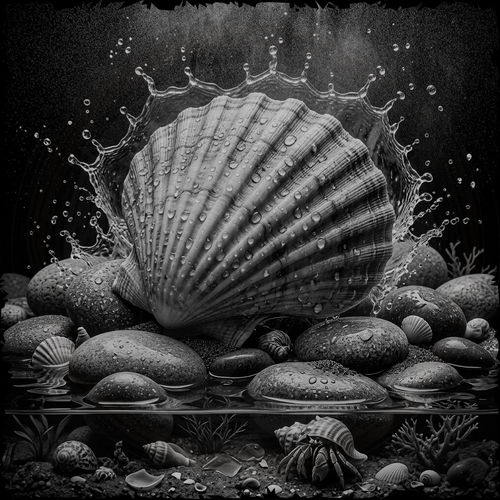 Black and white shell with water droplets surrounded by stones and small plants on a dark background
