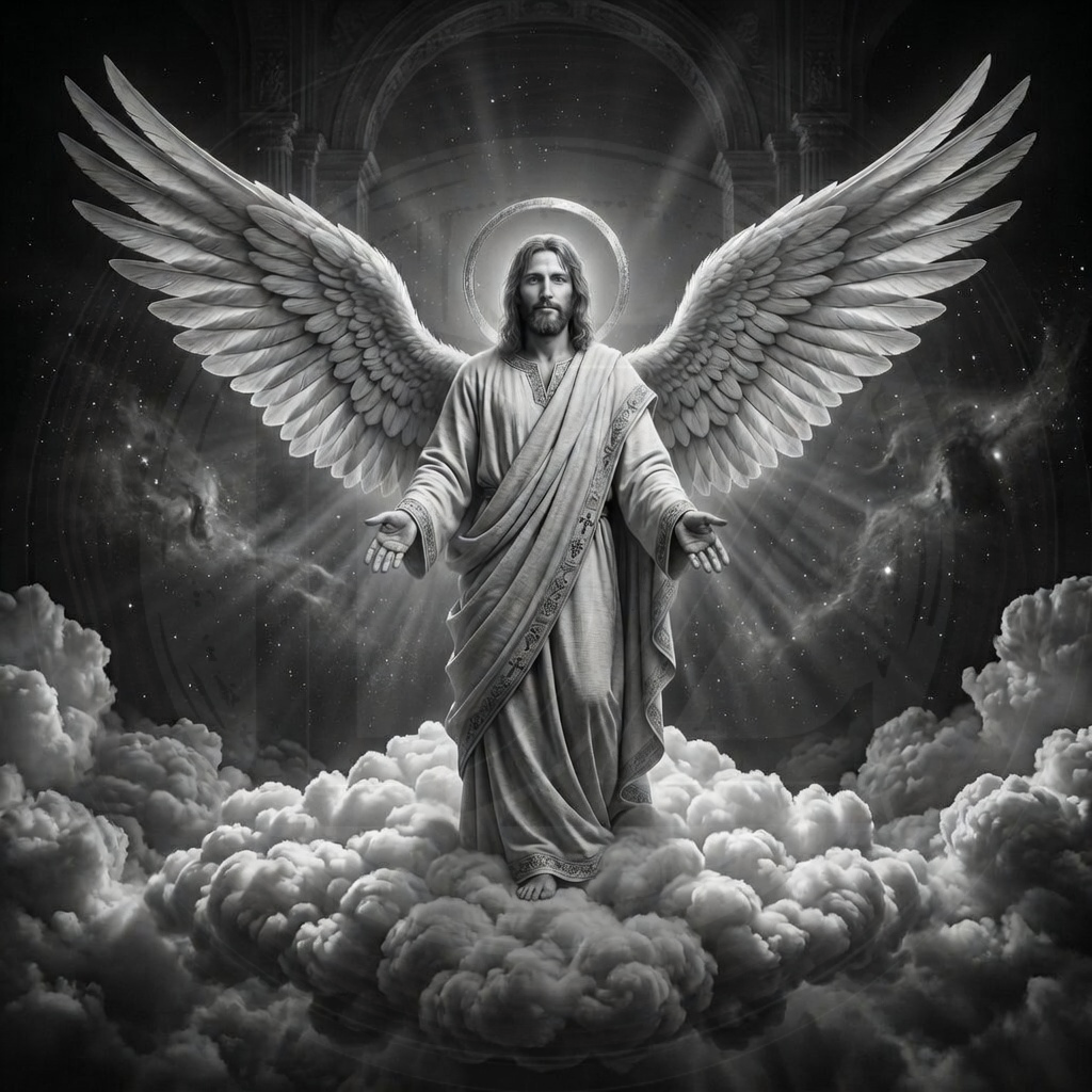 Figure with wings standing on clouds in a celestial setting