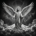 Figure with wings standing on clouds in a celestial setting
