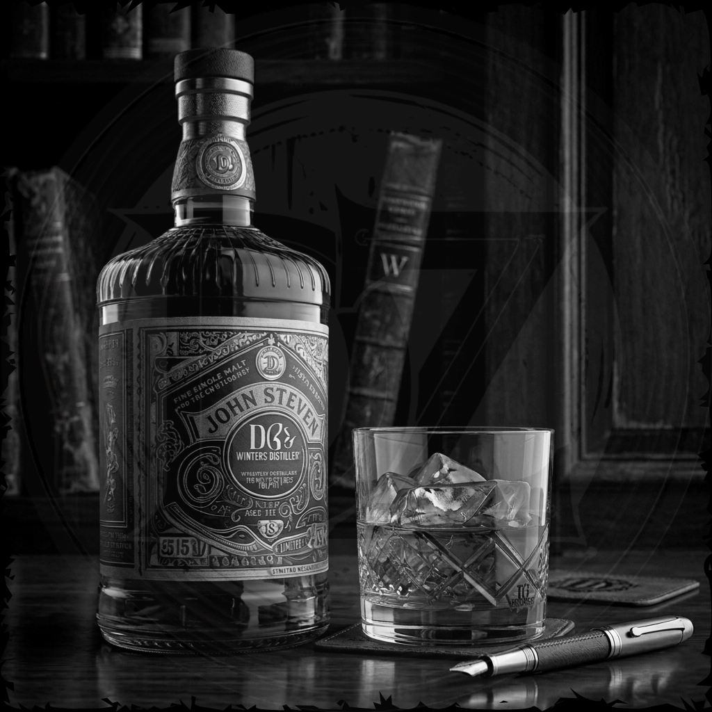 Bottle of John Stevens whiskey with a glass of ice on a wooden surface.