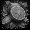 Illustration of sliced lemons with leaves and flowers on a dark background