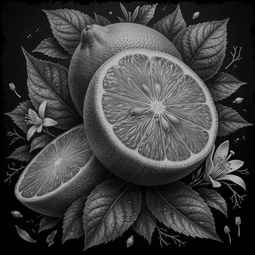 Illustration of sliced lemons with leaves and flowers on a dark background