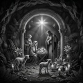 Black and white nativity scene with Mary, Joseph, and baby Jesus in a stable.