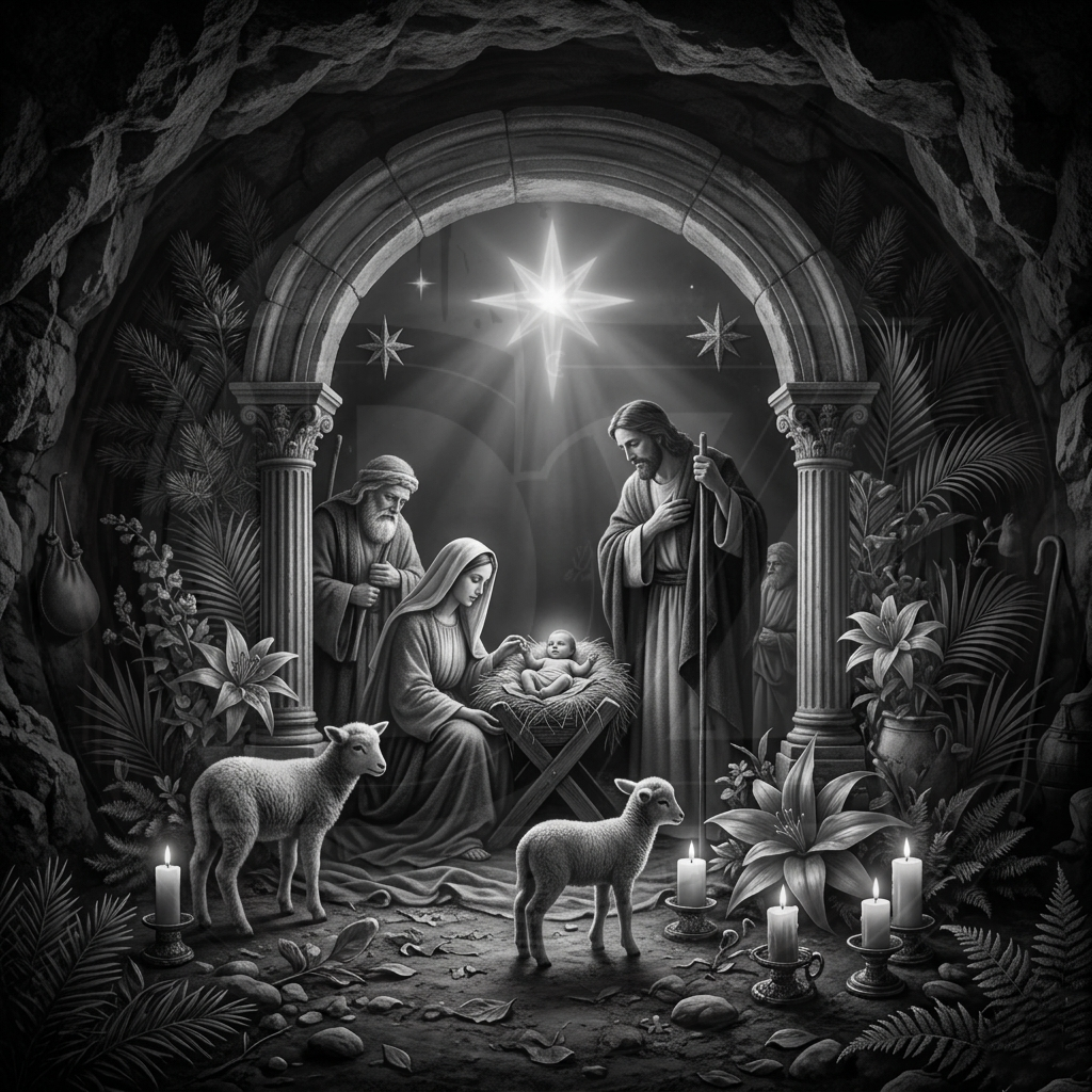 Black and white nativity scene with Mary, Joseph, and baby Jesus in a stable.