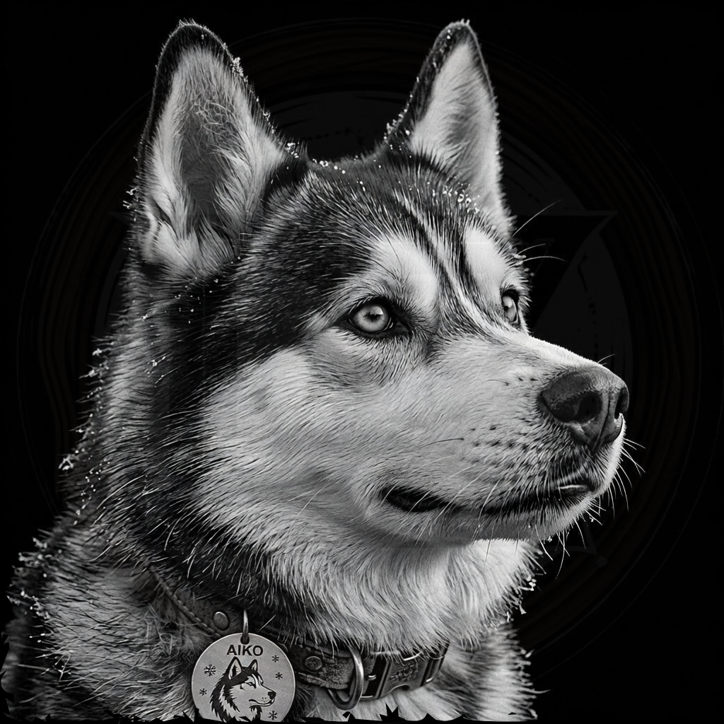 Black and white portrait of a husky dog with a 'Aiko' tag on a black background