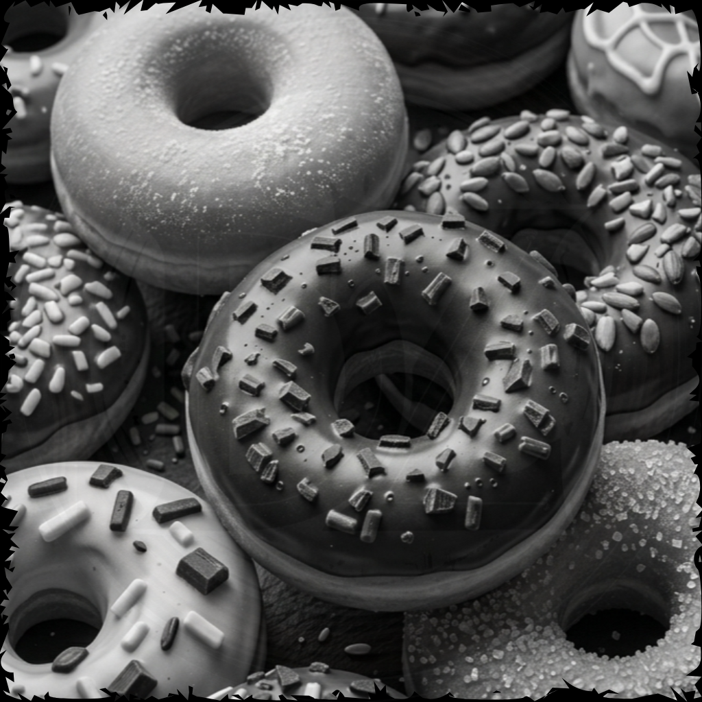 Black and white image of assorted donuts with different toppings.