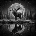 Moose standing by a lake with a full moon and stars in the background