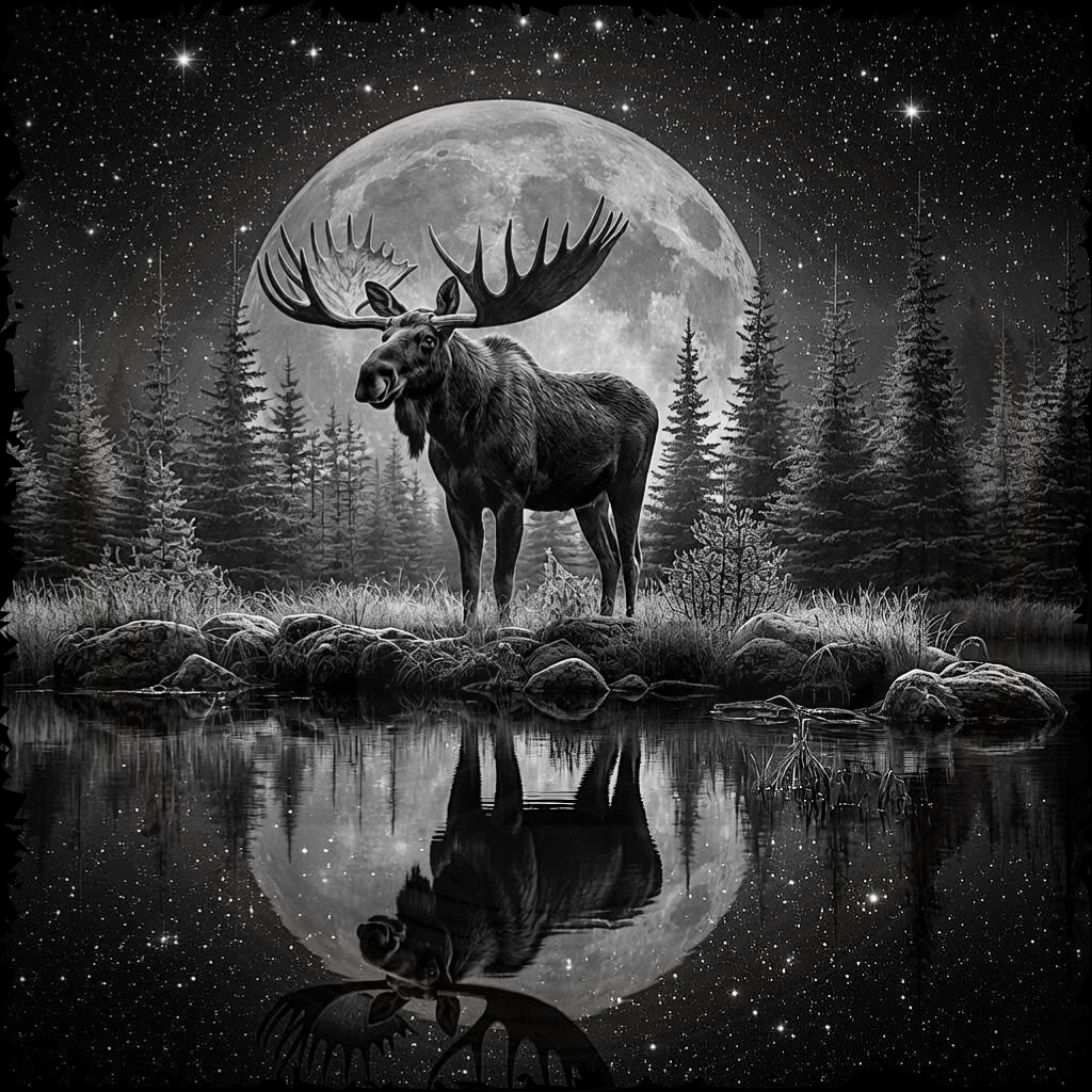 Moose standing by a lake with a full moon and stars in the background