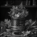 Black and white mug with American flag design filled with leaves and berries on a wooden surface.