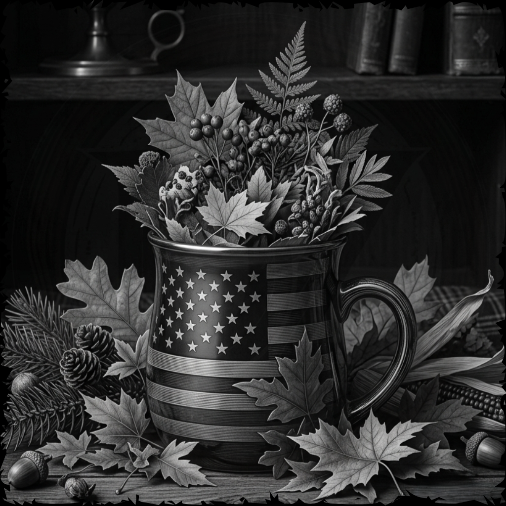 Black and white mug with American flag design filled with leaves and berries on a wooden surface.