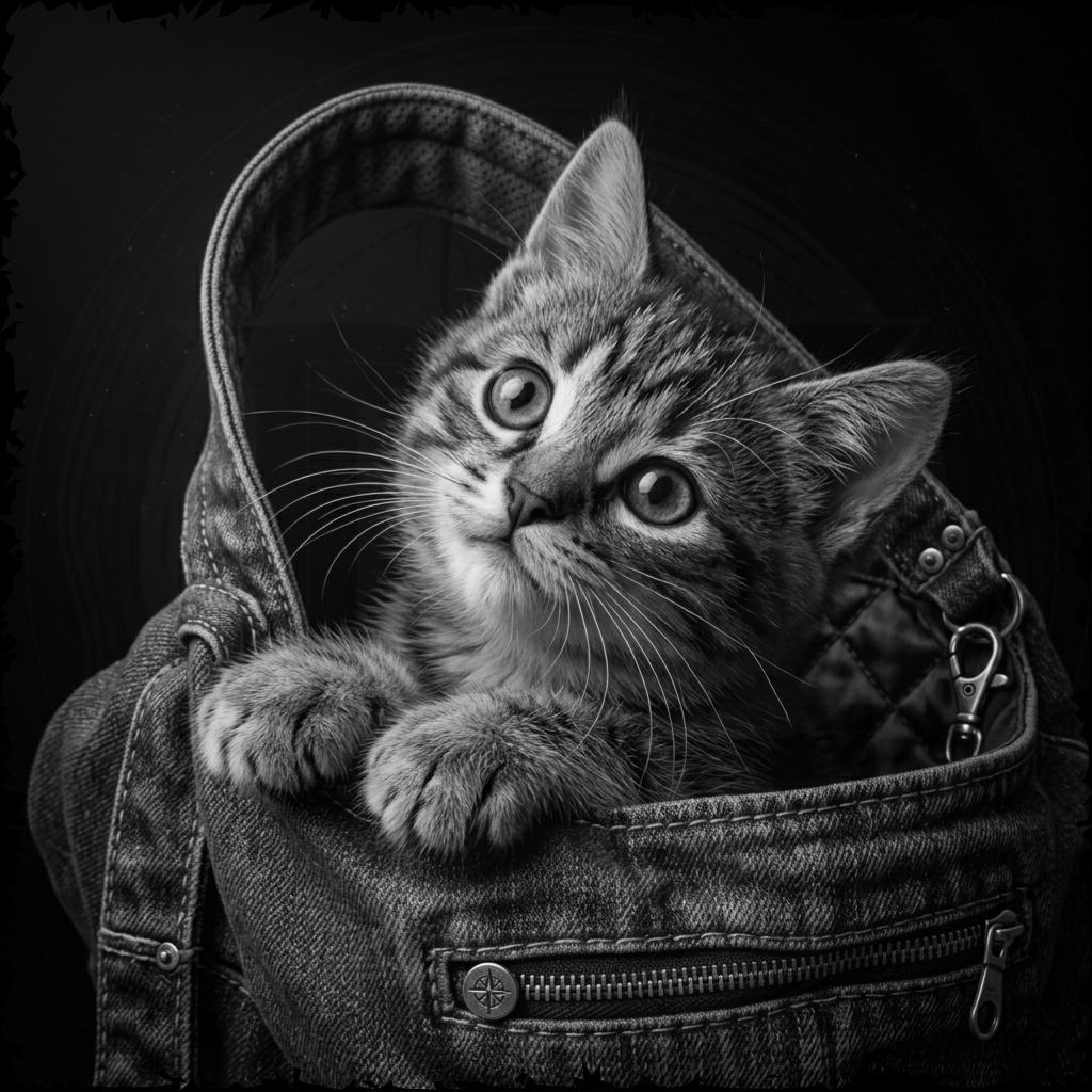 Kitten peeking out from a denim bag against a black background