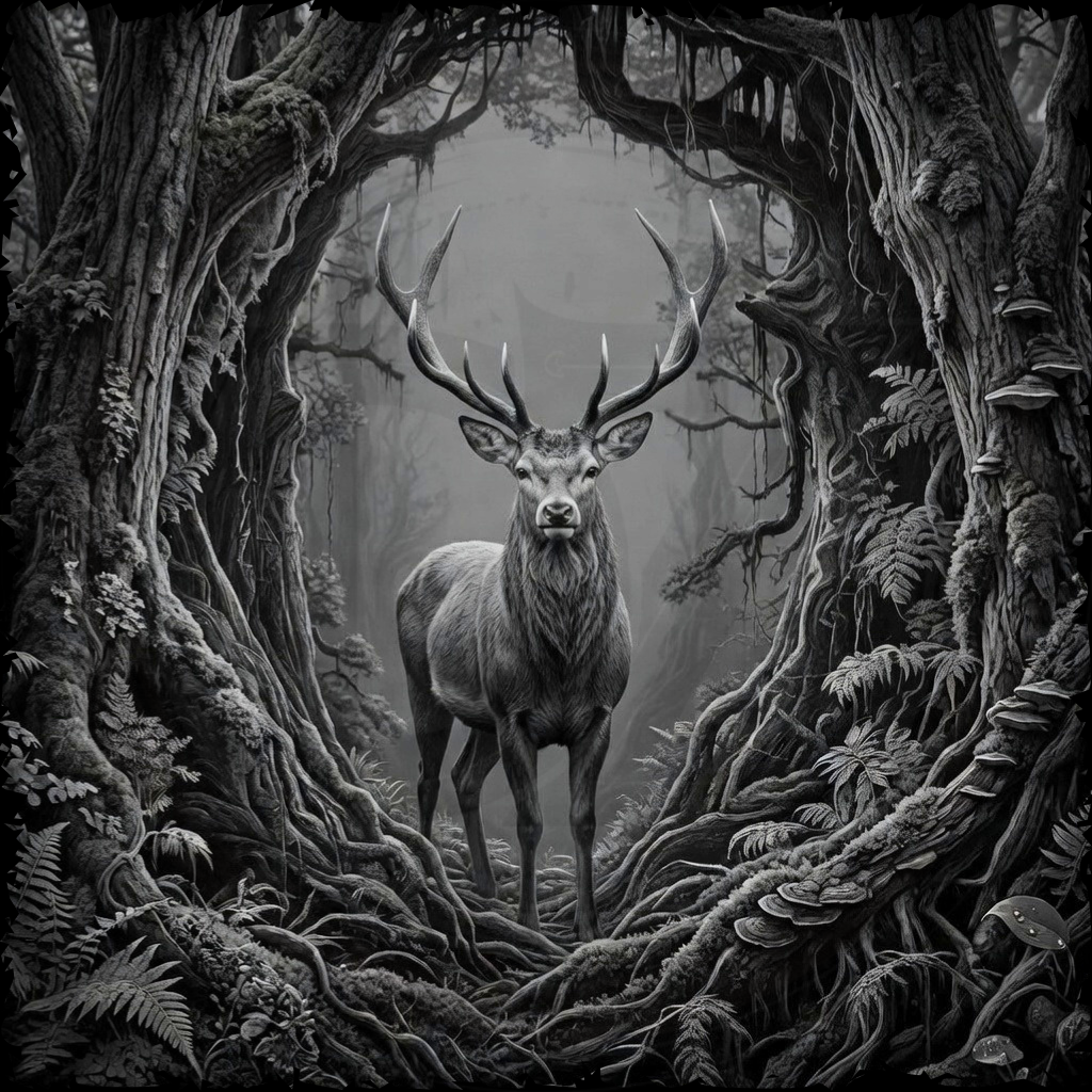 Stag in a forest with intricate detailing