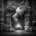 Christmas scene with a stocking hanging over a fireplace, snowman, and presents.