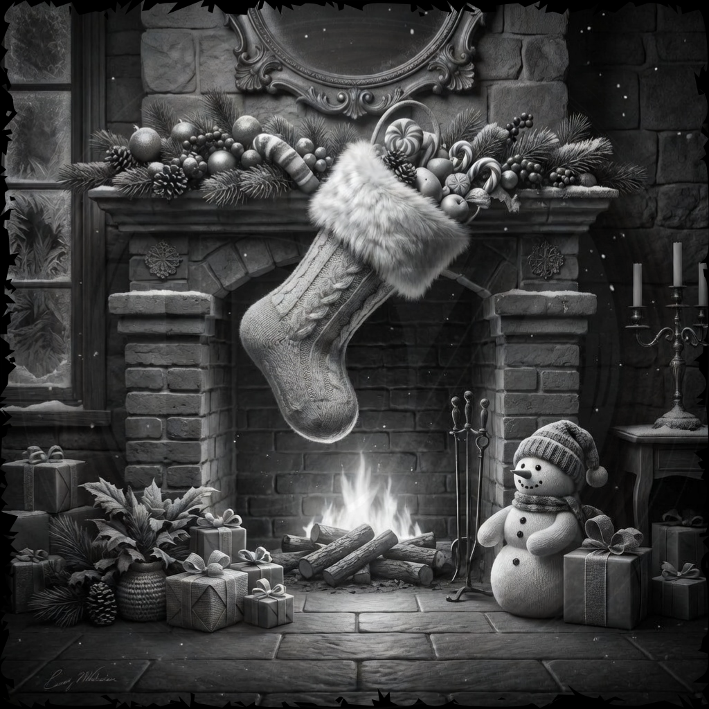 Christmas scene with a stocking hanging over a fireplace, snowman, and presents.