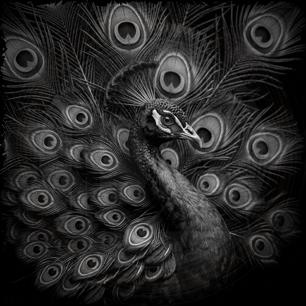 Black and white image of a peacock with its feathers spread out.