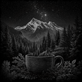 Cup in a forest with mountains and stars in the background
