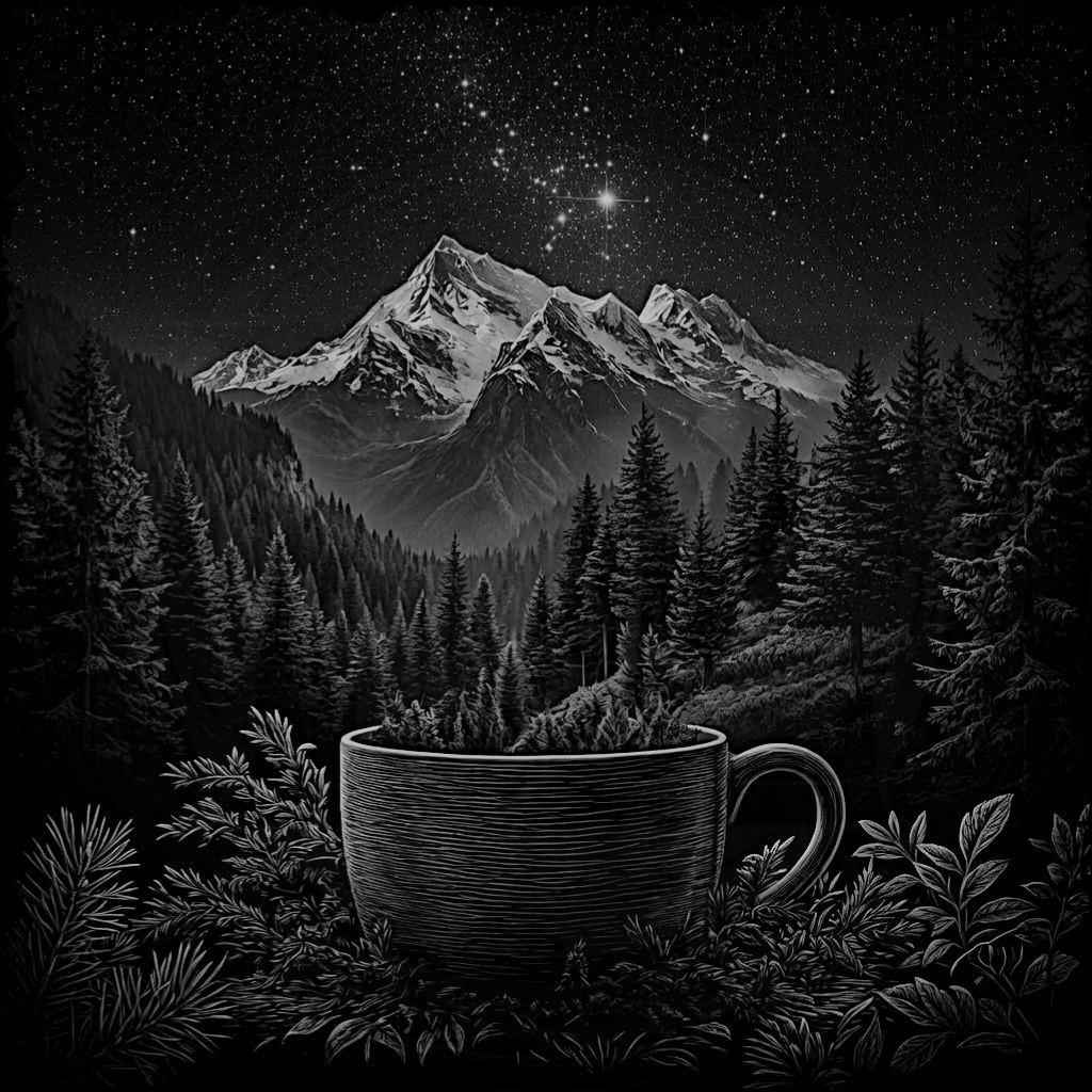 Cup in a forest with mountains and stars in the background