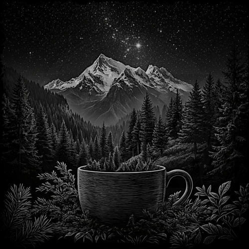 Cup in a forest with mountains and stars in the background