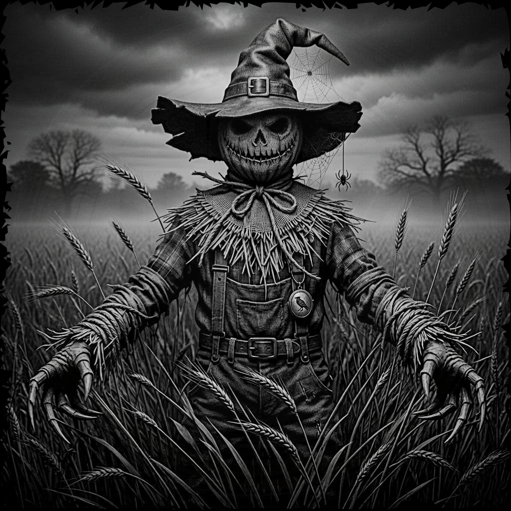 Scary scarecrow with a pumpkin head in a field at night