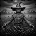 Scary scarecrow with a pumpkin head in a field at night