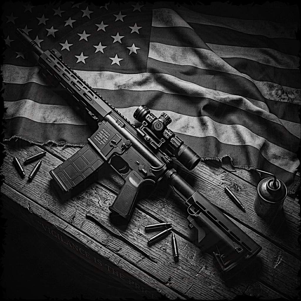 Rifles with scope and ammunition on an American flag background